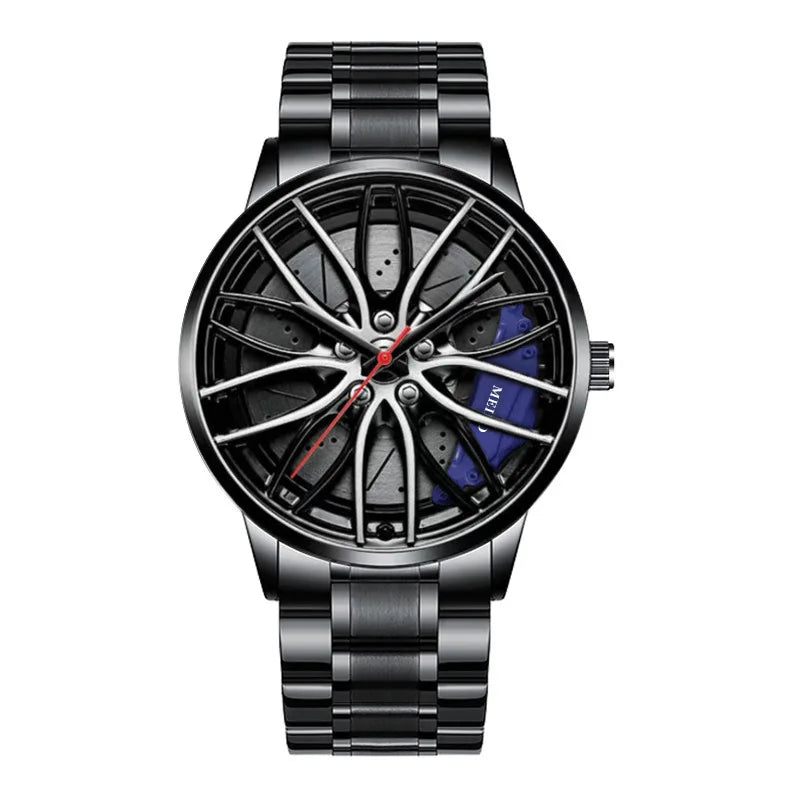 Montre homme design roue de voiture, mouvement quartz, bracelet en cuir ou bracelet en acier inoxydable.