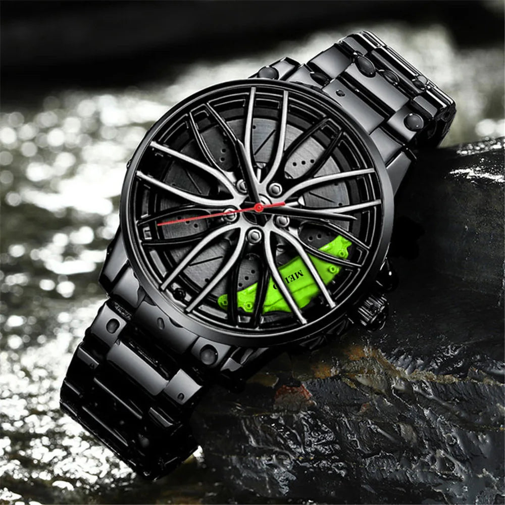 Montre homme design roue de voiture, mouvement quartz, bracelet en cuir ou bracelet en acier inoxydable.