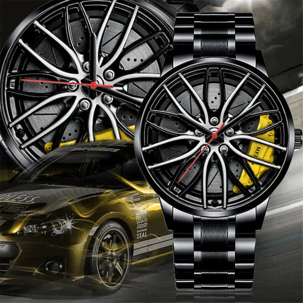 Montre homme design roue de voiture, mouvement quartz, bracelet en cuir ou bracelet en acier inoxydable.
