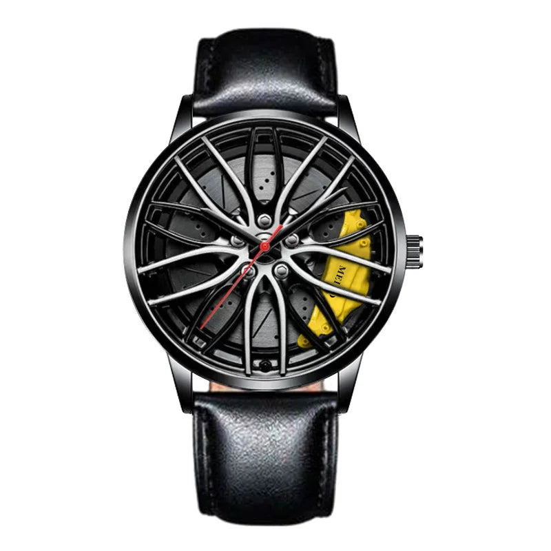 Montre homme design roue de voiture, mouvement quartz, bracelet en cuir ou bracelet en acier inoxydable.