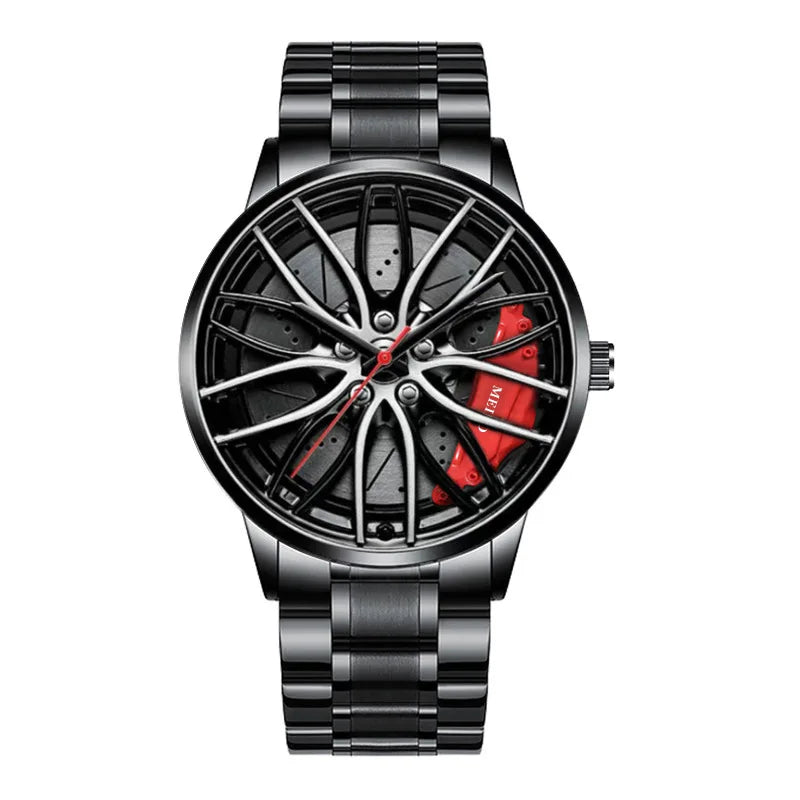 Montre homme design roue de voiture, mouvement quartz, bracelet en cuir ou bracelet en acier inoxydable.