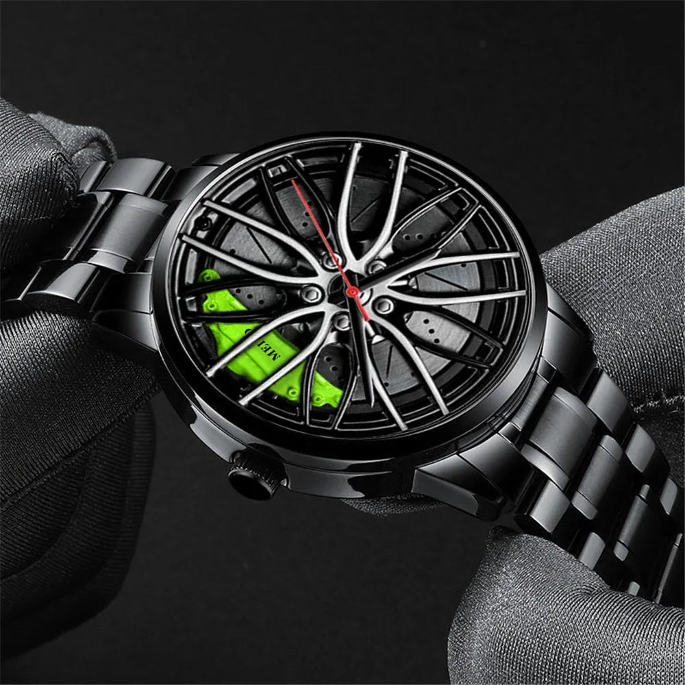 Montre homme design roue de voiture, mouvement quartz, bracelet en cuir ou bracelet en acier inoxydable.
