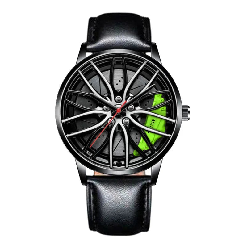 Montre homme design roue de voiture, mouvement quartz, bracelet en cuir ou bracelet en acier inoxydable.