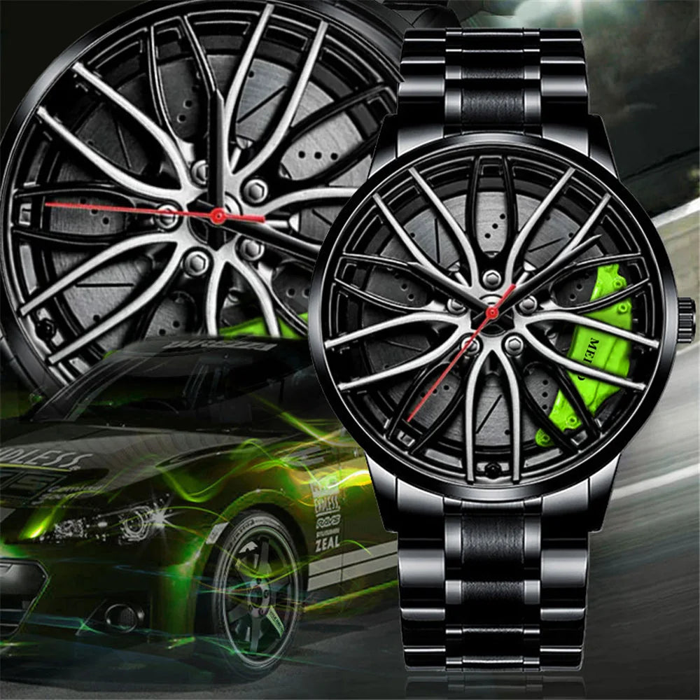 Montre homme design roue de voiture, mouvement quartz, bracelet en cuir ou bracelet en acier inoxydable.