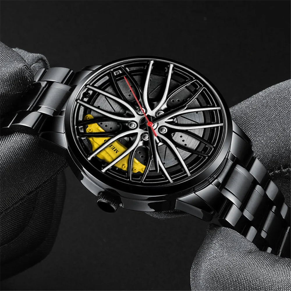 Montre homme design roue de voiture, mouvement quartz, bracelet en cuir ou bracelet en acier inoxydable.