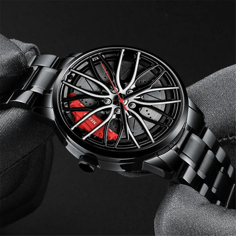 Montre homme design roue de voiture, mouvement quartz, bracelet en cuir ou bracelet en acier inoxydable.