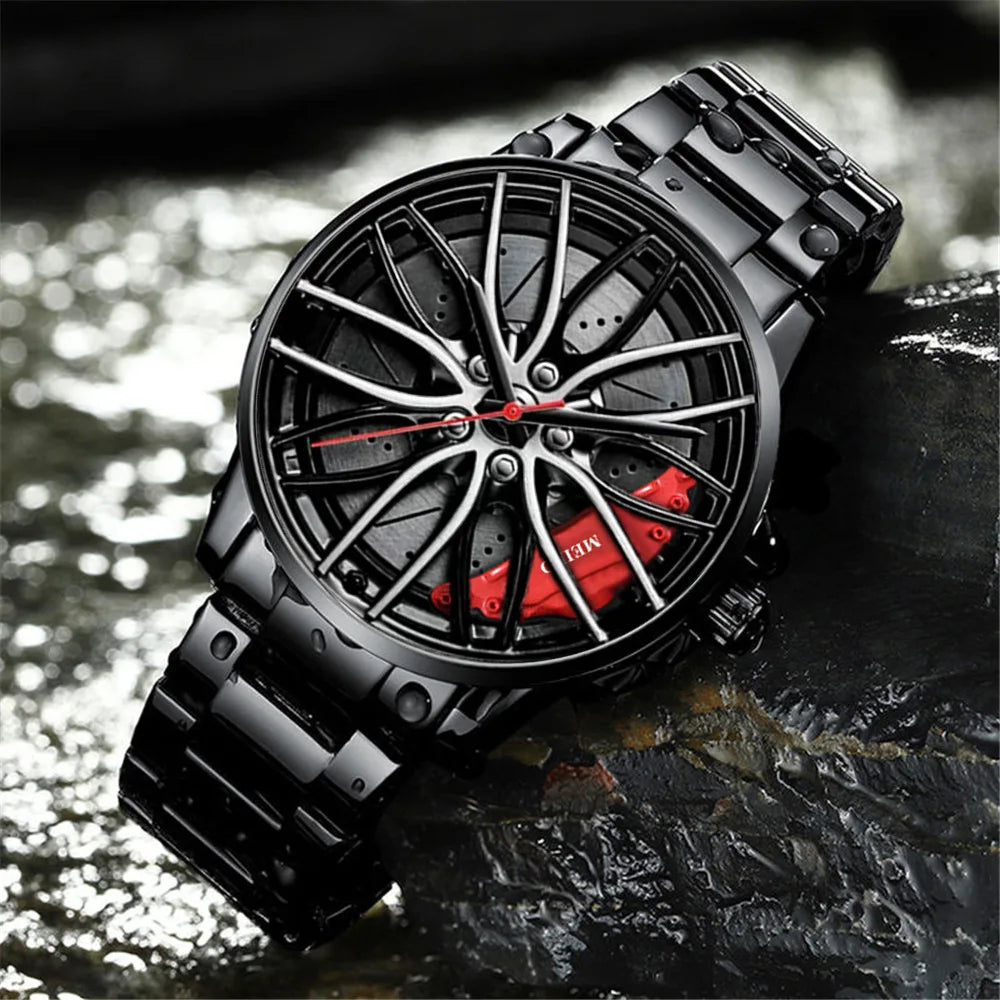 Montre homme design roue de voiture, mouvement quartz, bracelet en cuir ou bracelet en acier inoxydable.