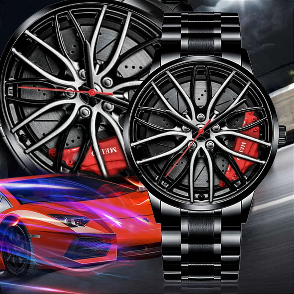 Montre homme design roue de voiture, mouvement quartz, bracelet en cuir ou bracelet en acier inoxydable.