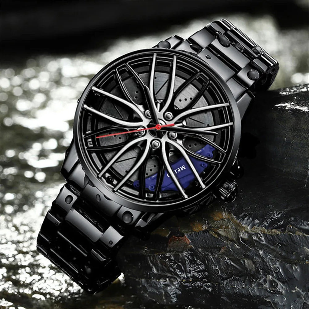 Montre homme design roue de voiture, mouvement quartz, bracelet en cuir ou bracelet en acier inoxydable.