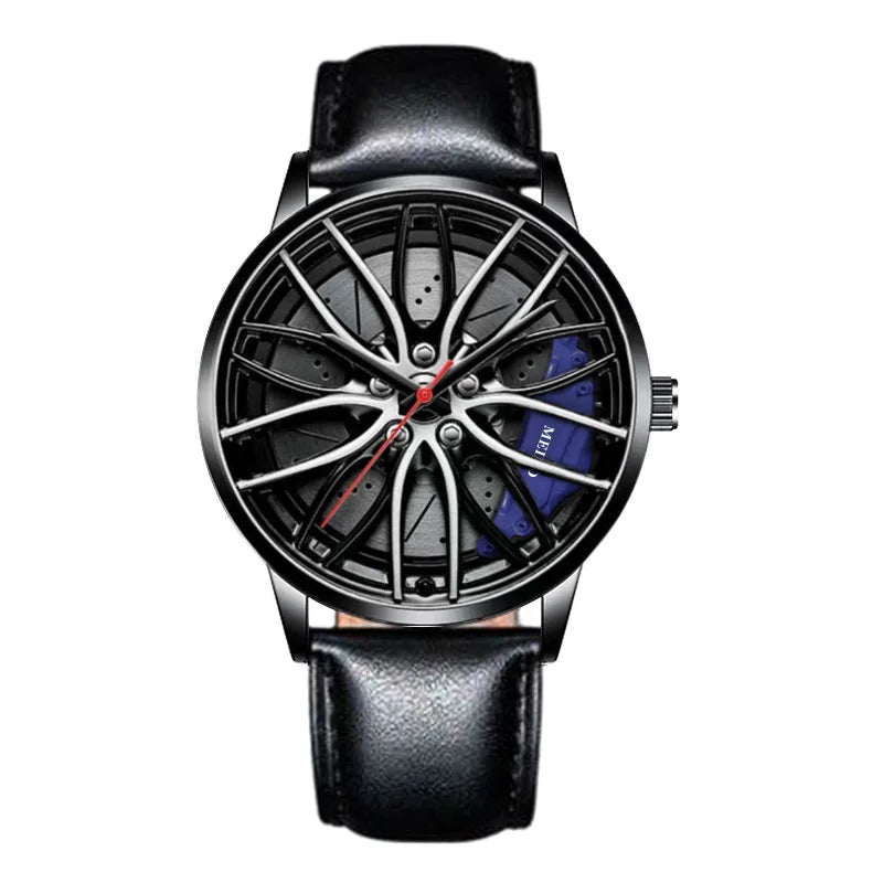 Montre homme design roue de voiture, mouvement quartz, bracelet en cuir ou bracelet en acier inoxydable.