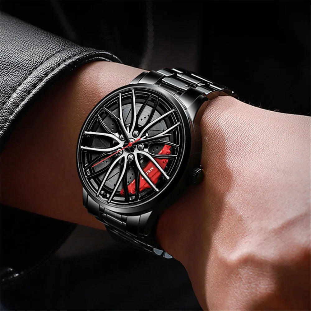 Montre homme design roue de voiture, mouvement quartz, bracelet en cuir ou bracelet en acier inoxydable.