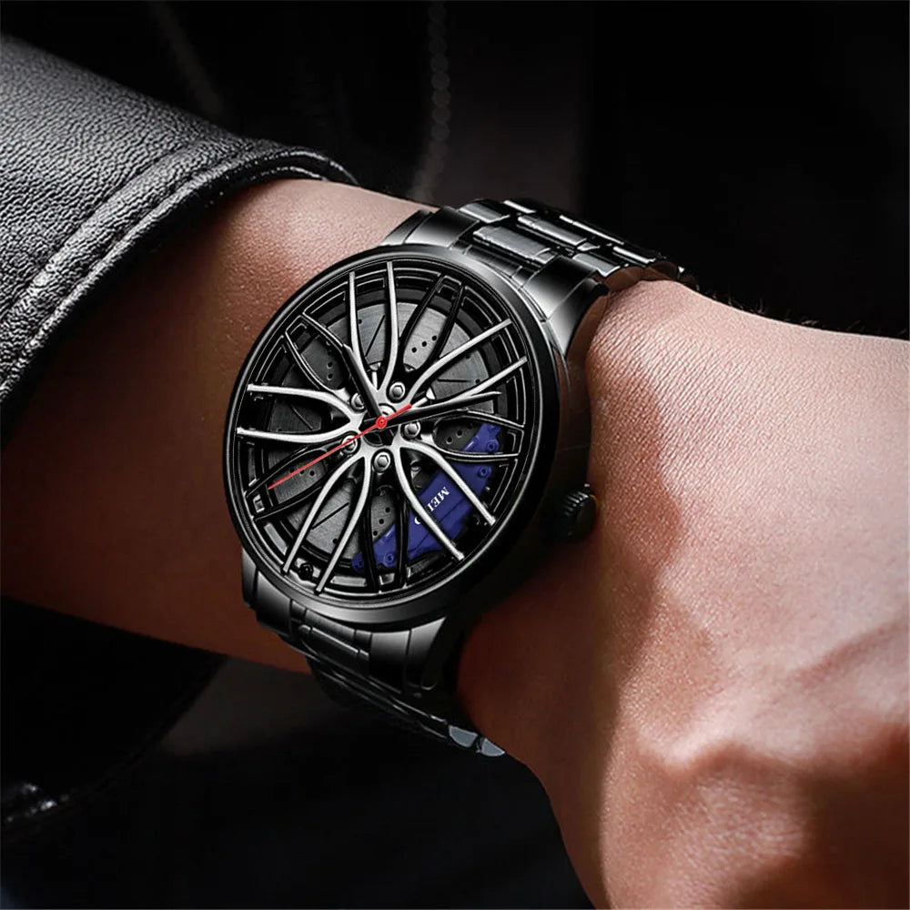 Montre homme design roue de voiture, mouvement quartz, bracelet en cuir ou bracelet en acier inoxydable.