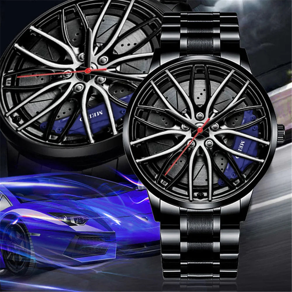 Montre homme design roue de voiture, mouvement quartz, bracelet en cuir ou bracelet en acier inoxydable.