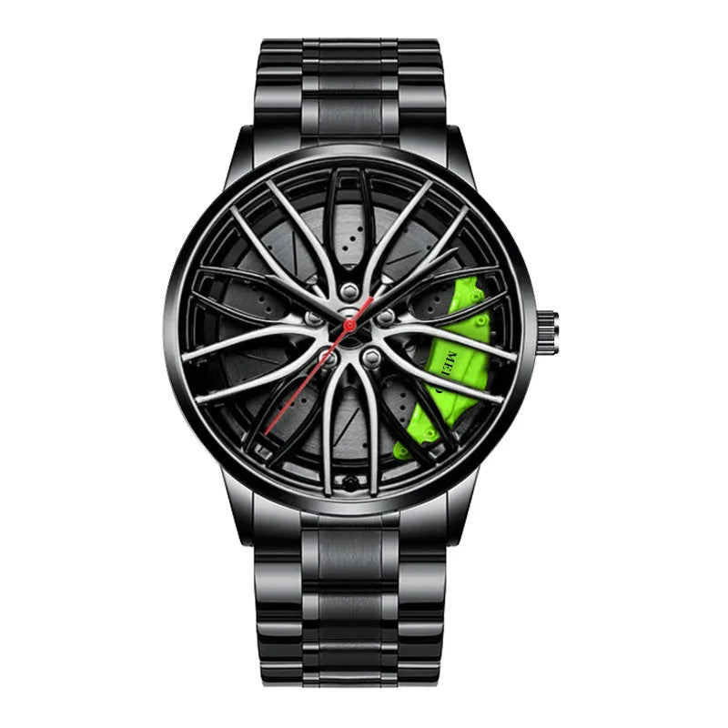 Montre homme design roue de voiture, mouvement quartz, bracelet en cuir ou bracelet en acier inoxydable.