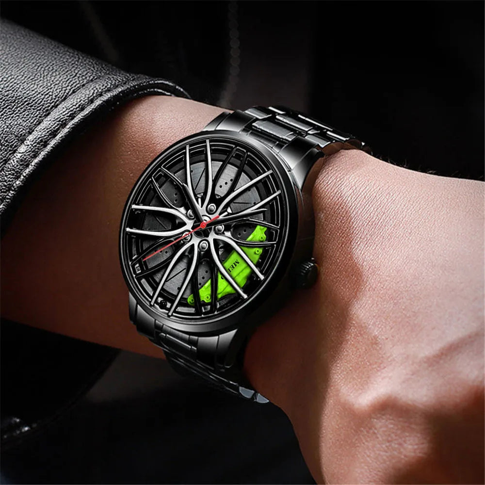 Montre homme design roue de voiture, mouvement quartz, bracelet en cuir ou bracelet en acier inoxydable.