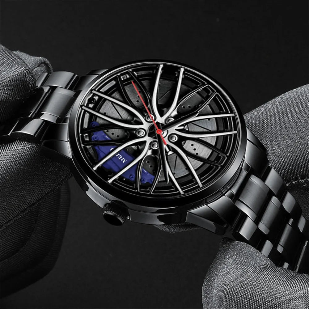 Montre homme design roue de voiture, mouvement quartz, bracelet en cuir ou bracelet en acier inoxydable.